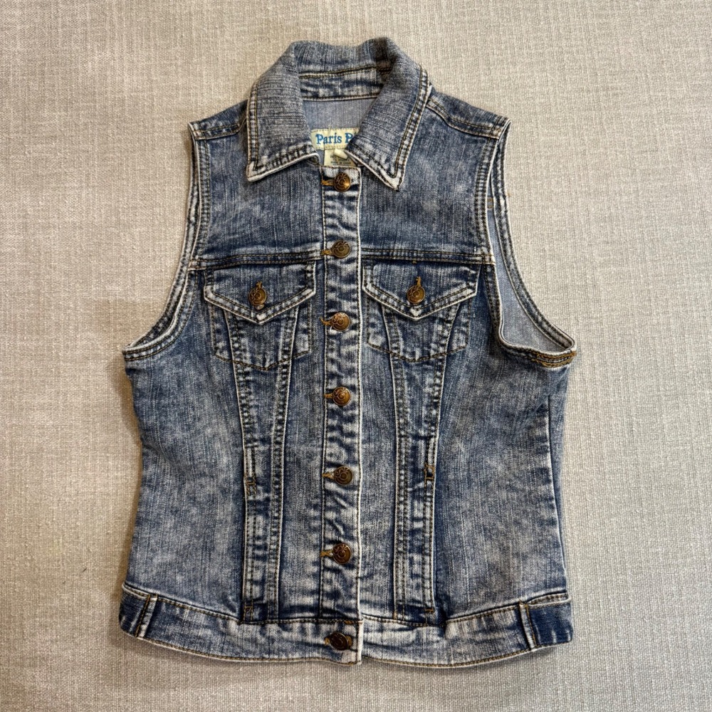 Paris Blues Denim Vest Medium Blue Acid Wash Vintage Y2K Sleeveless Jean Jacket